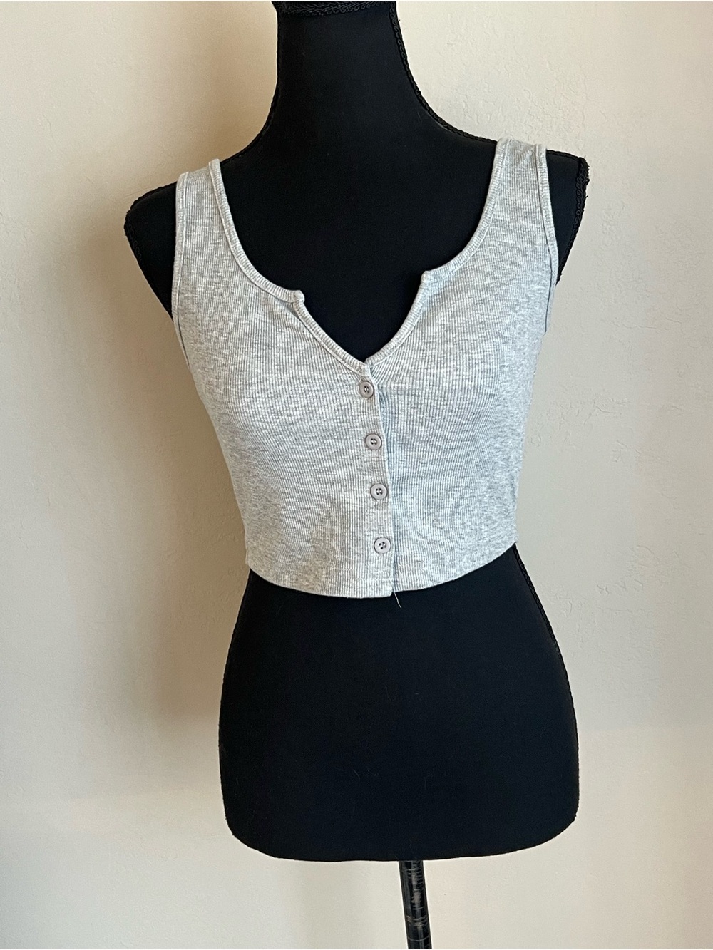 Heather Gray Ribbed Button-Front Crop Tank Top